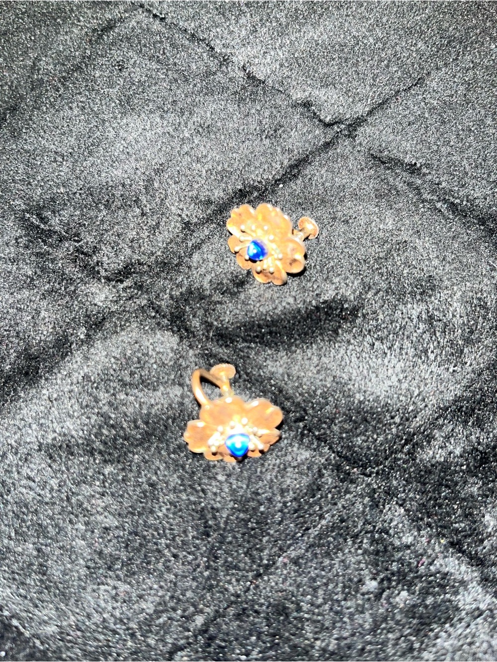 Gold Floral Earrings with Blue Stone Accent